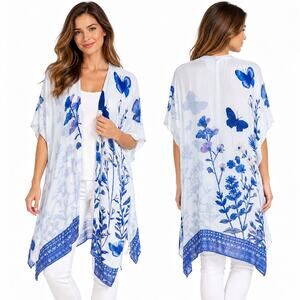 Modena One Size Blue White Butterfly Floral Kimono Ruana Wrap 100% Viscose